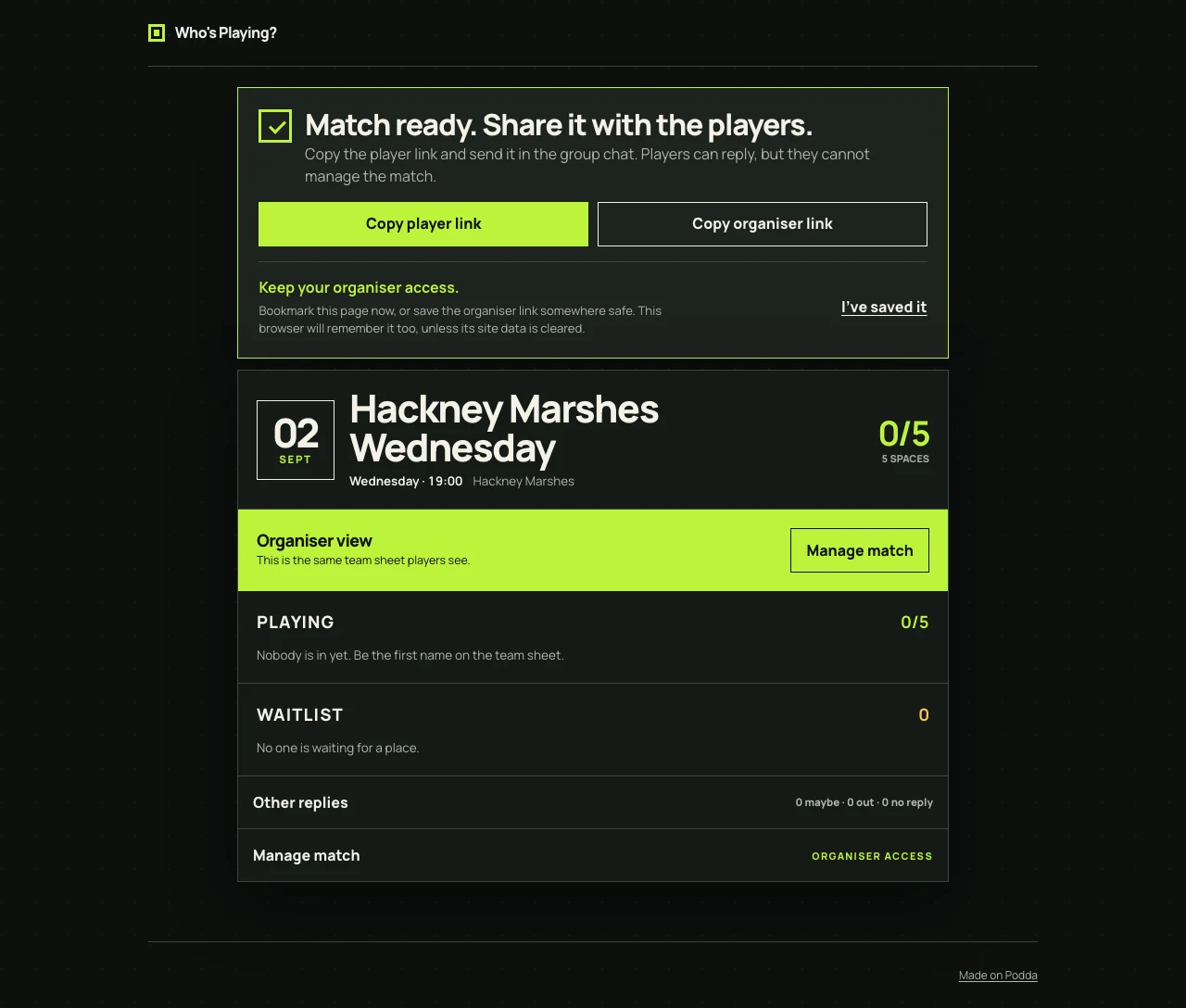 Organiser view showing the separate player link, organiser link and reminder to bookmark the page