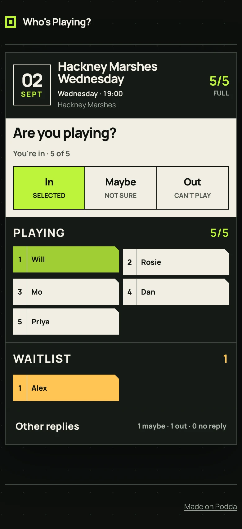 Mobile player view for Hackney Marshes Wednesday showing five confirmed players and Alex first on the waitlist