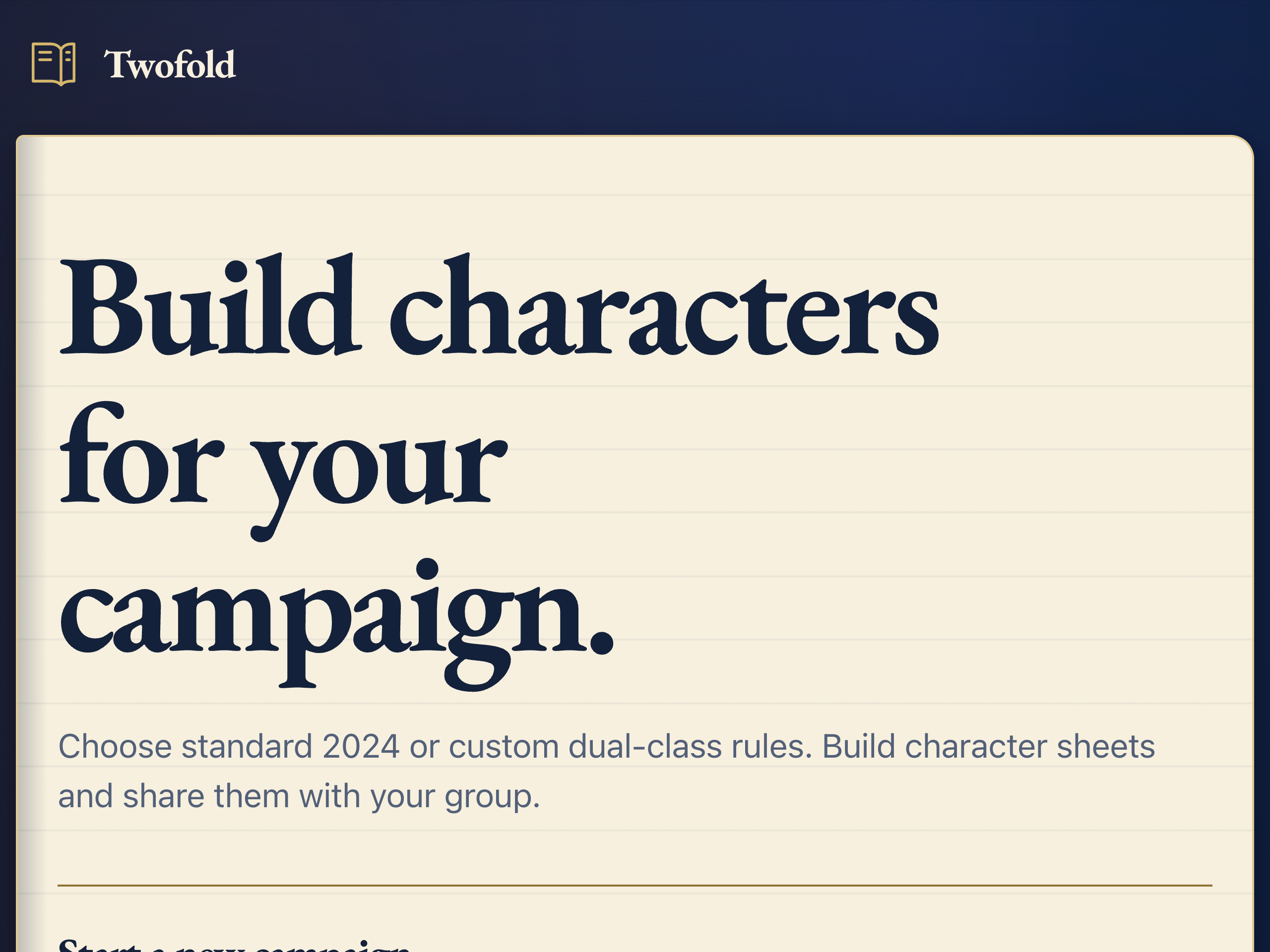 Twofold: Build characters for your campaign. Choose standard or dual-class rules and share character sheets with your group.