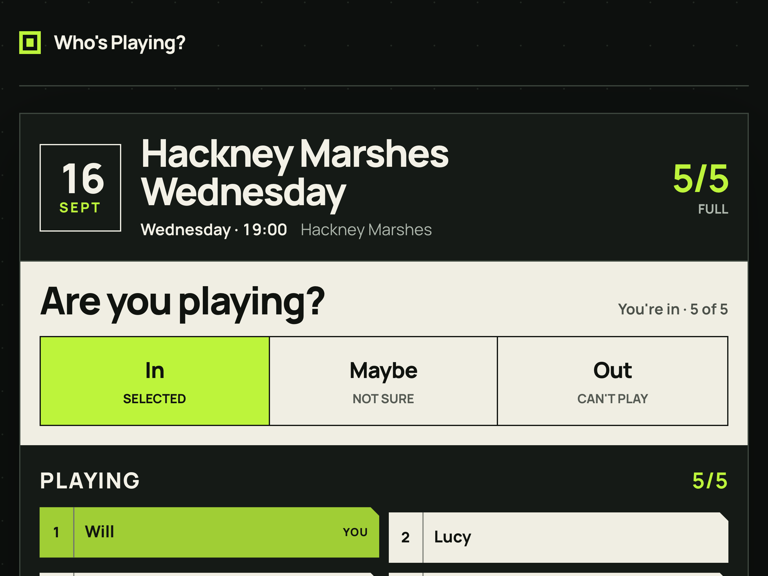 Who’s Playing? showing the Hackney Marshes Wednesday match and player availability controls.