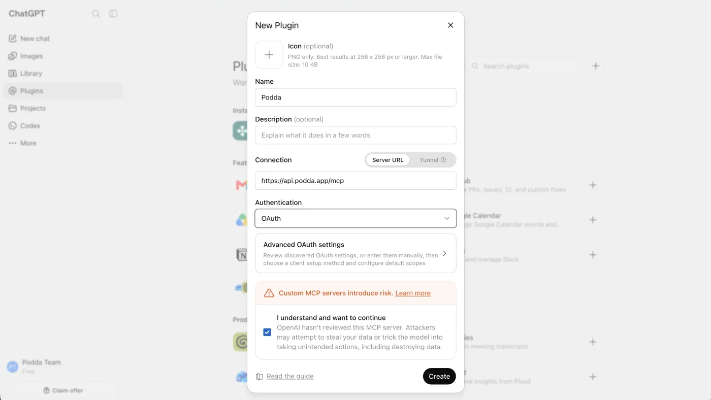 ChatGPT's create-connector form