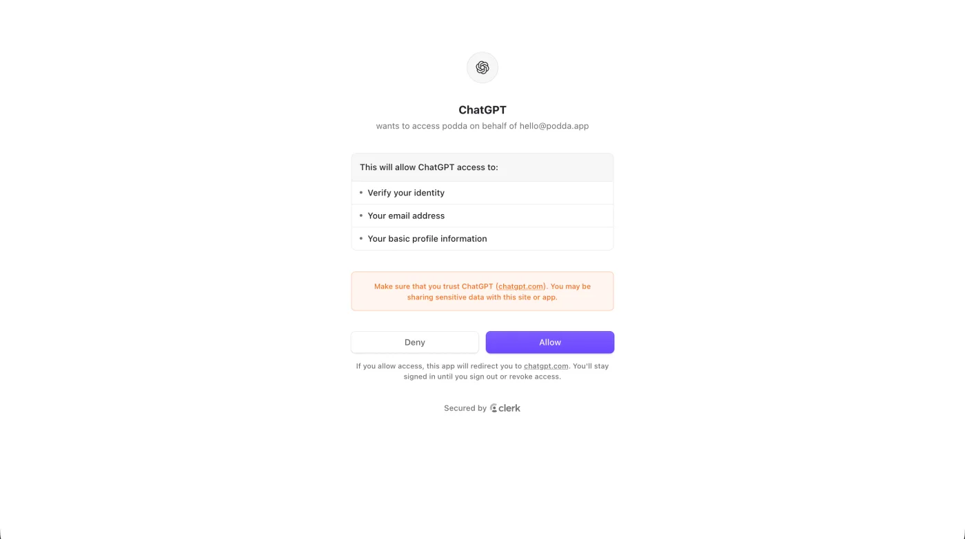 The Podda sign-in and Allow screen shown by ChatGPT