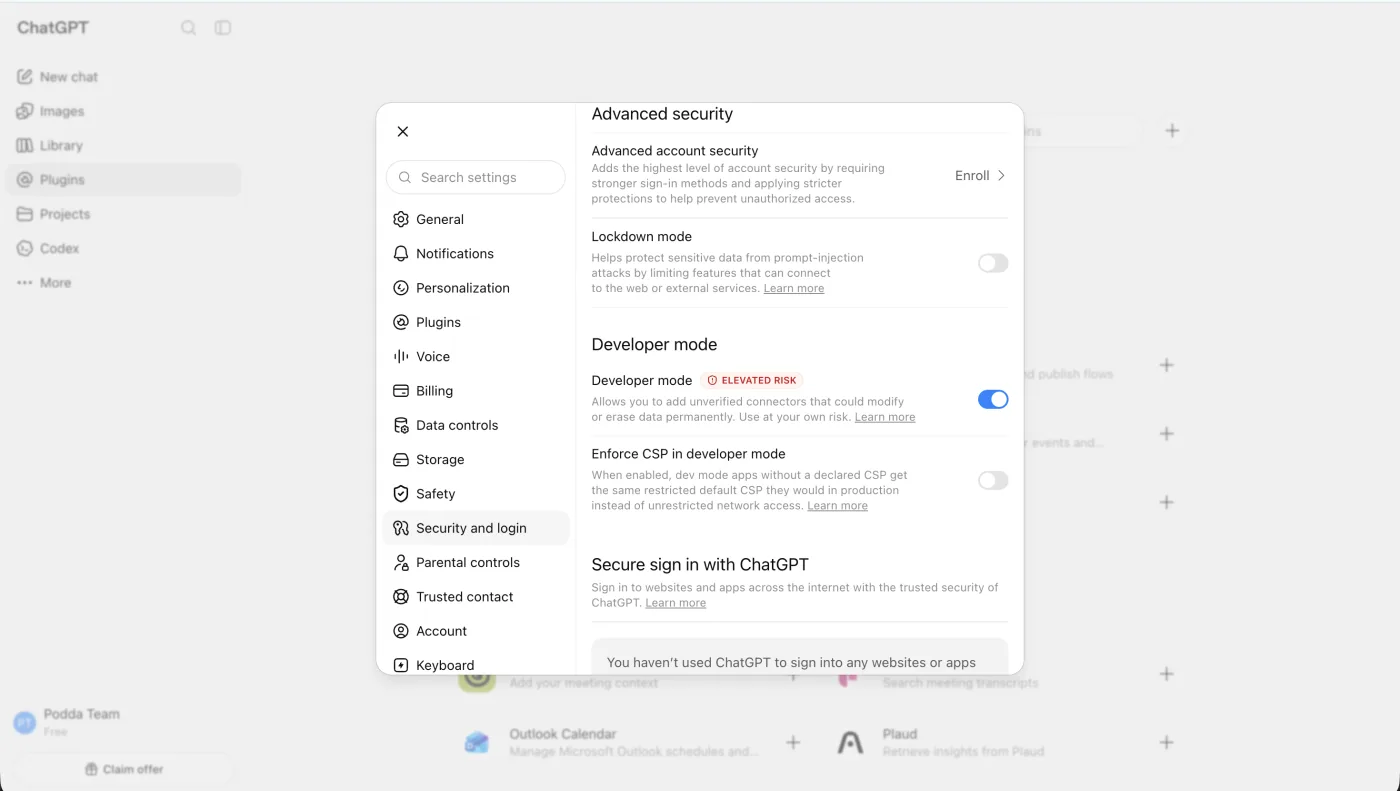ChatGPT's settings with the developer mode toggle switched on