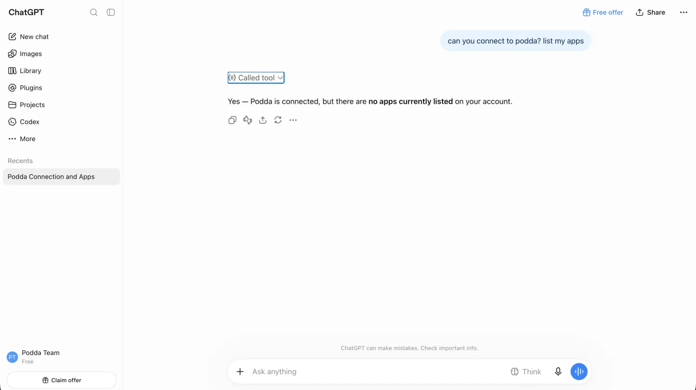 An assistant replying to the request to list your Podda apps