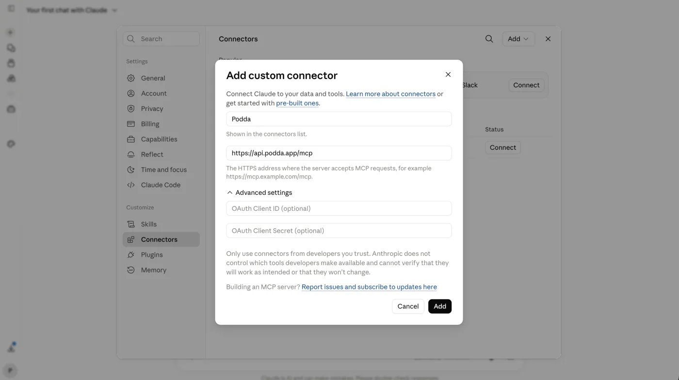 Claude's Add custom connector window with the name and address fields