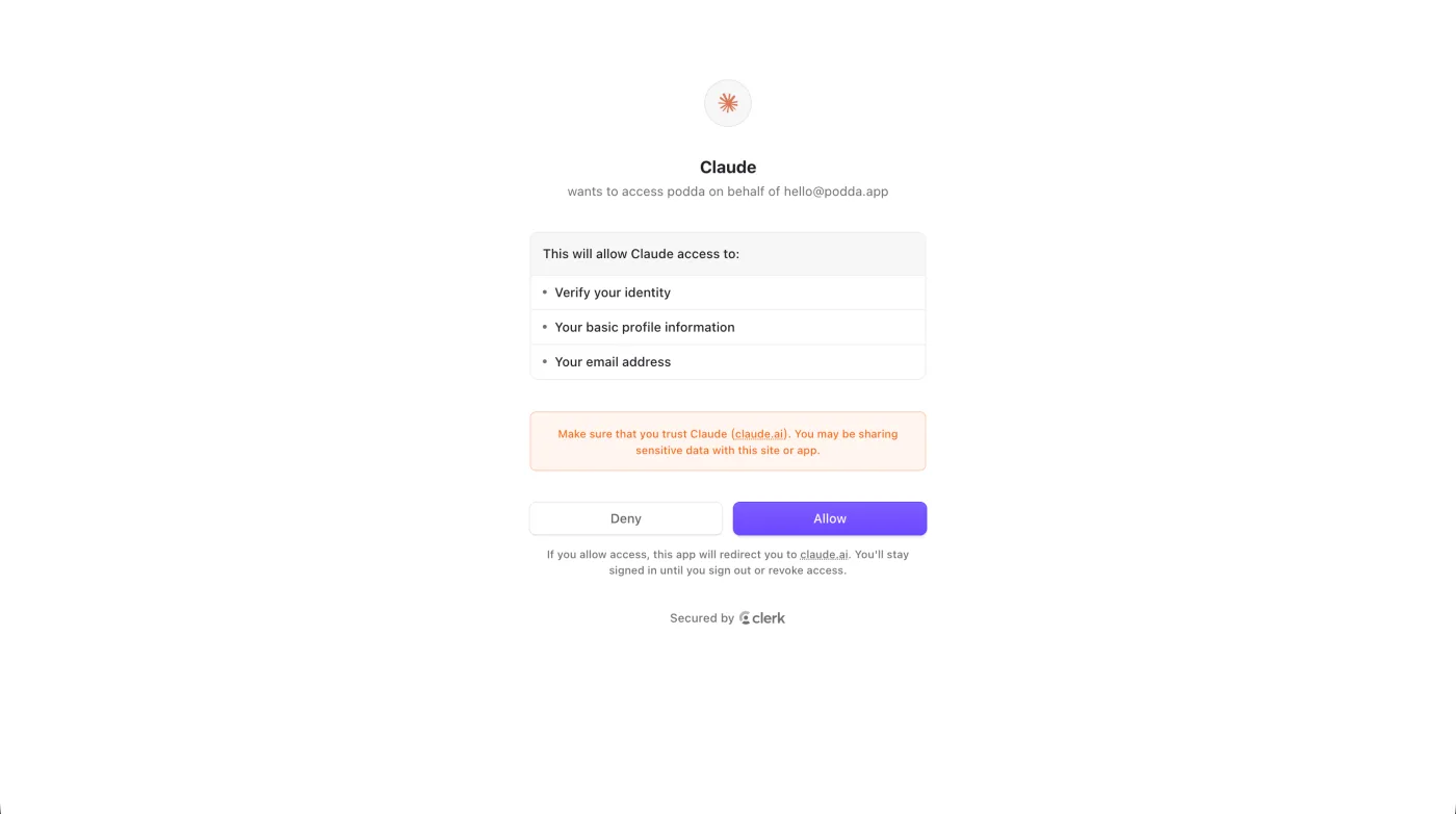 The Podda sign-in and Allow screen shown by Claude