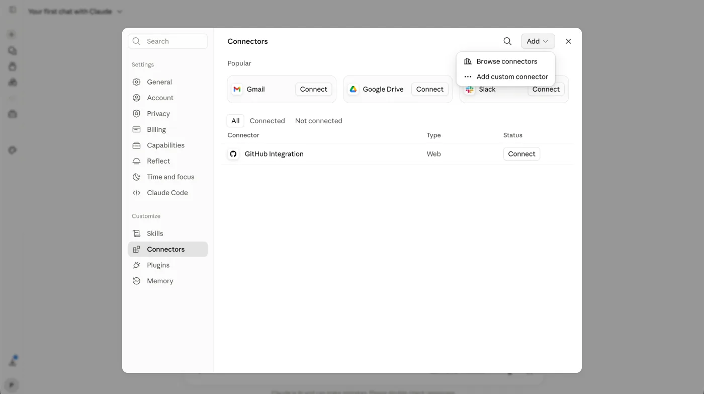 Claude's Settings screen with the Connectors section open