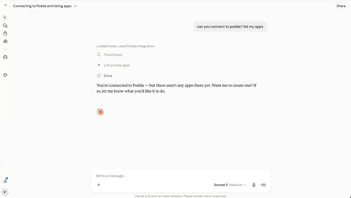 An assistant replying to the request to list your Podda apps